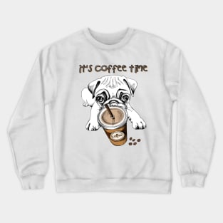 Pug puppy with a plastic cup of coffee Crewneck Sweatshirt